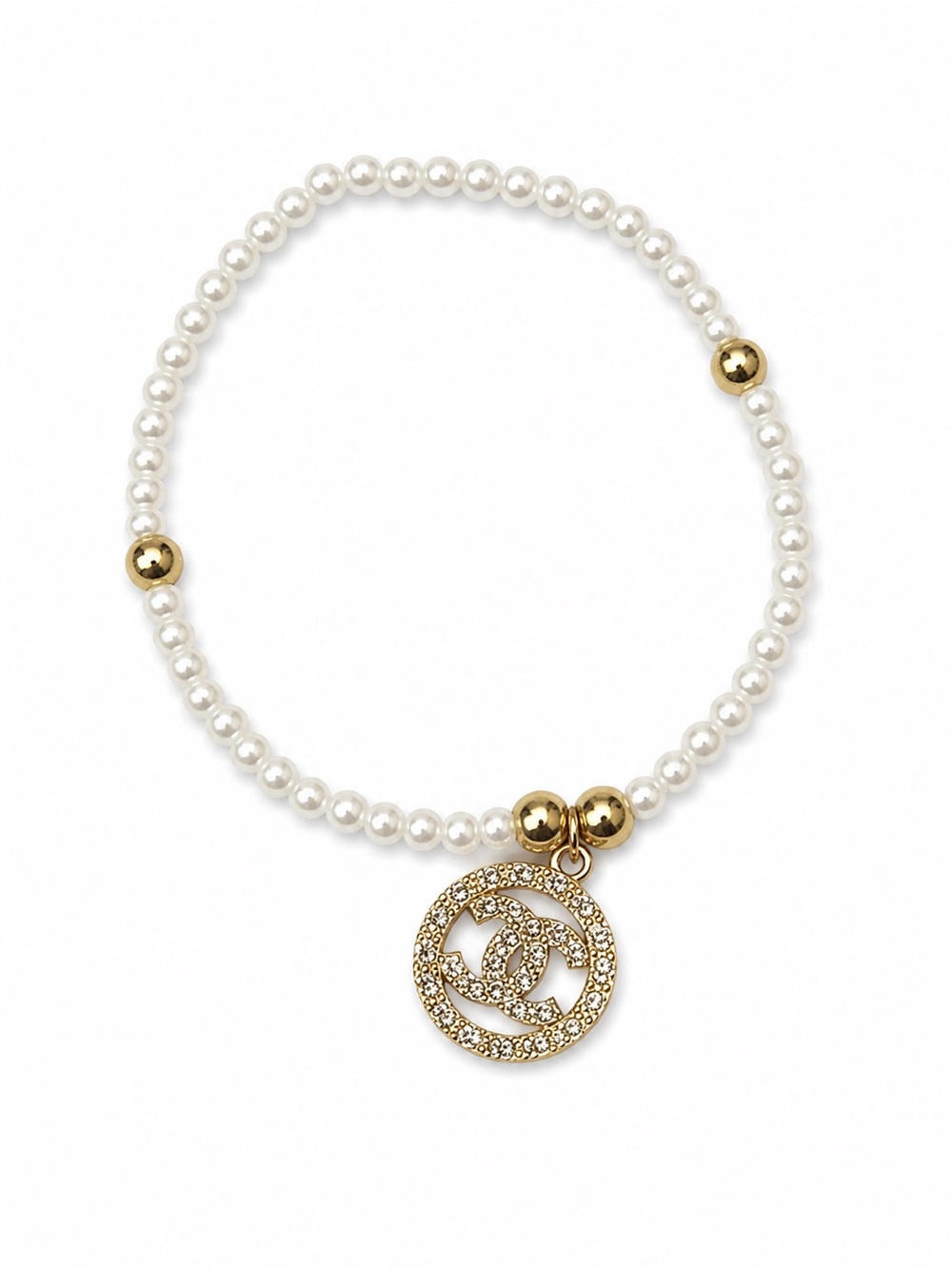 Handmade Pearl Stretch Bracelet with Gold-Tone CC Charm